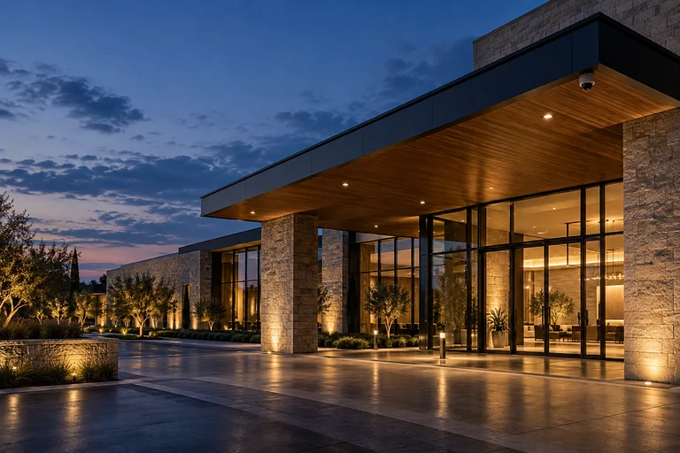 Architectural illustration of a modern stone-and-glass commercial venue at blue hour.
