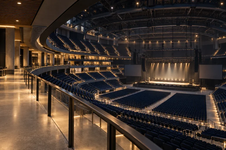 An arena illustration with tiered seating and a warmly lit event stage.